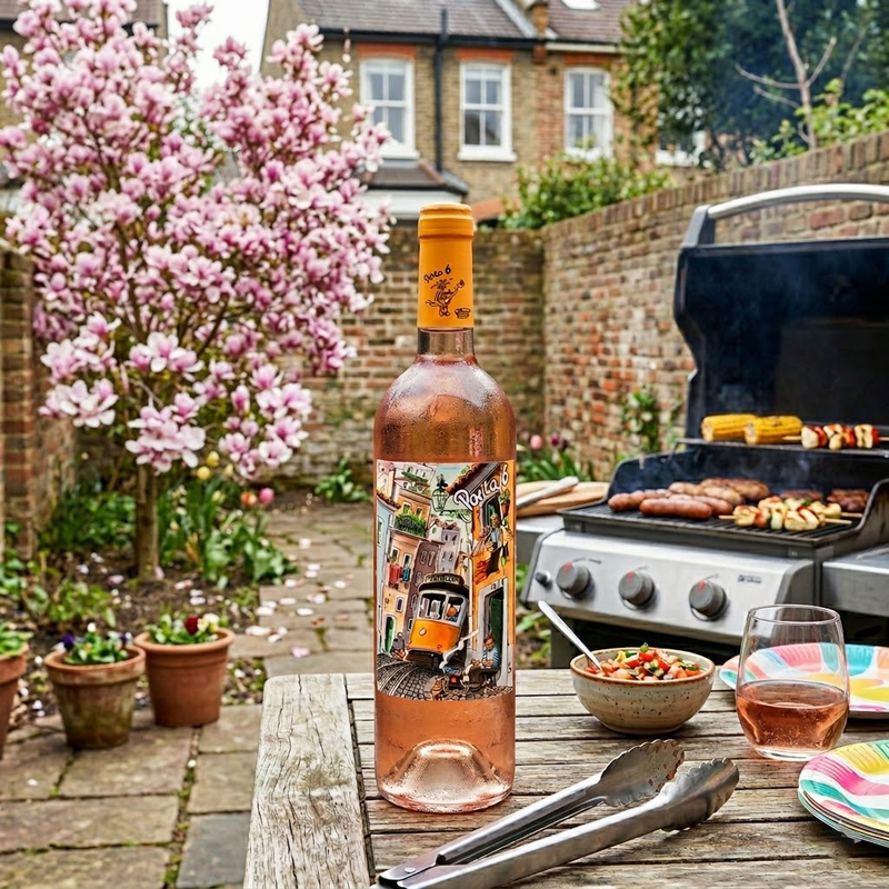 A chilled bottle of robust Rosé wine resting on a picnic table next to a sizzling summer BBQ.