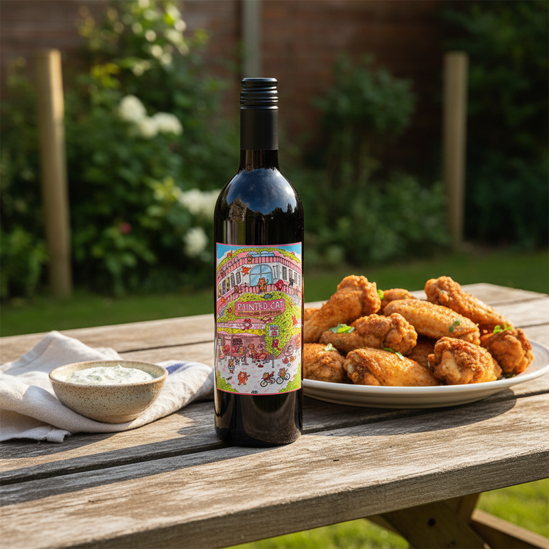 Wine with chicken wings UK — Painted Cat Cabernet Sauvignon beside BBQ wings in a garden setting