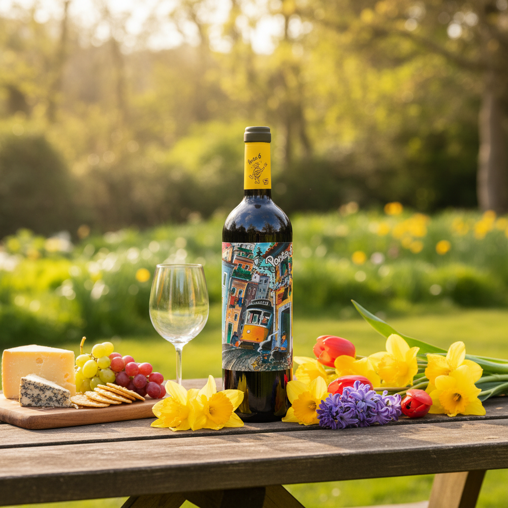Bank holiday wine UK — Porta 6 Red bottle in a spring garden setting