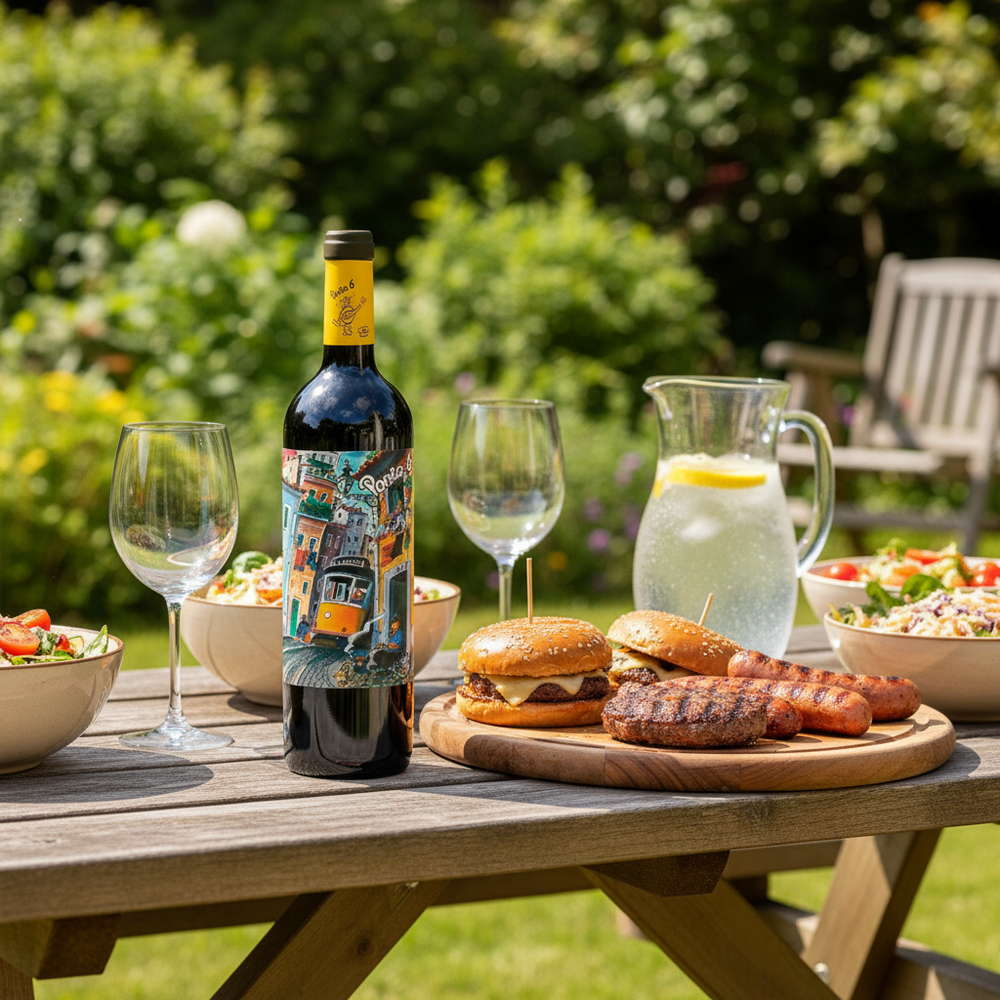 Best BBQ wine UK - Porta 6 Red at a sunny garden BBQ
