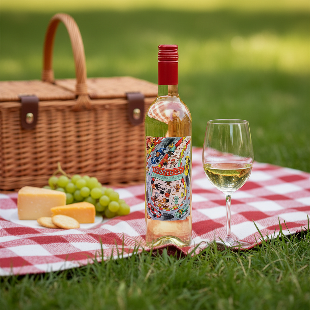 Best picnic wine UK — Painted Cat Sauvignon Blanc on a British summer picnic blanket