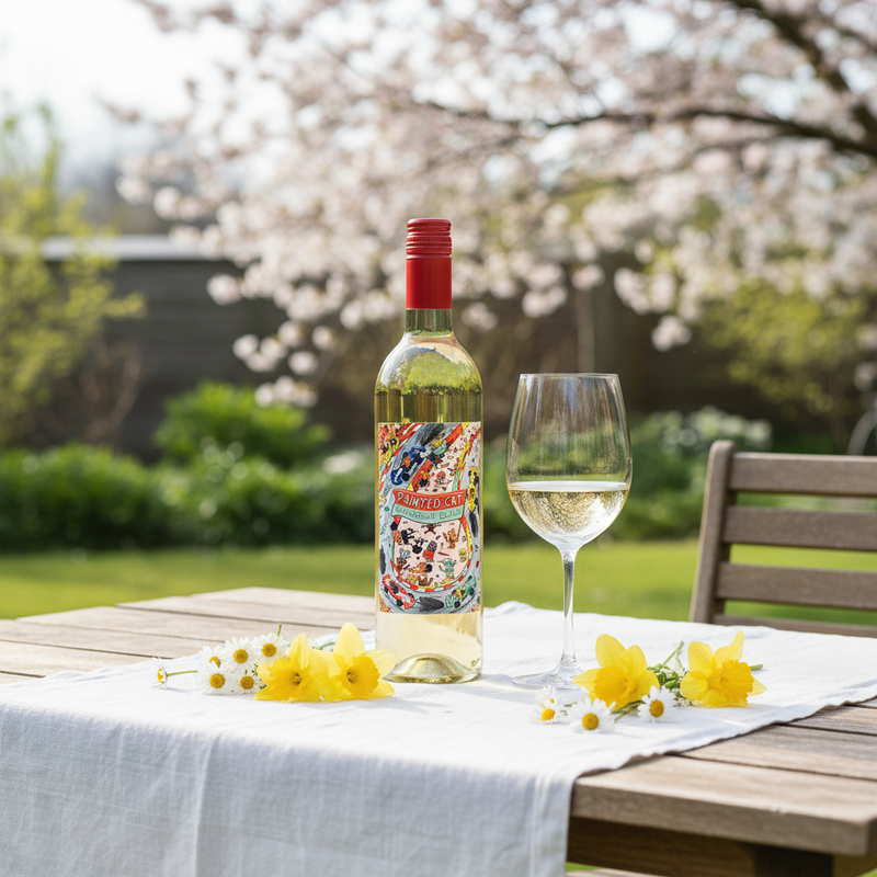 Best spring wine UK — Painted Cat Sauvignon Blanc in a spring garden setting