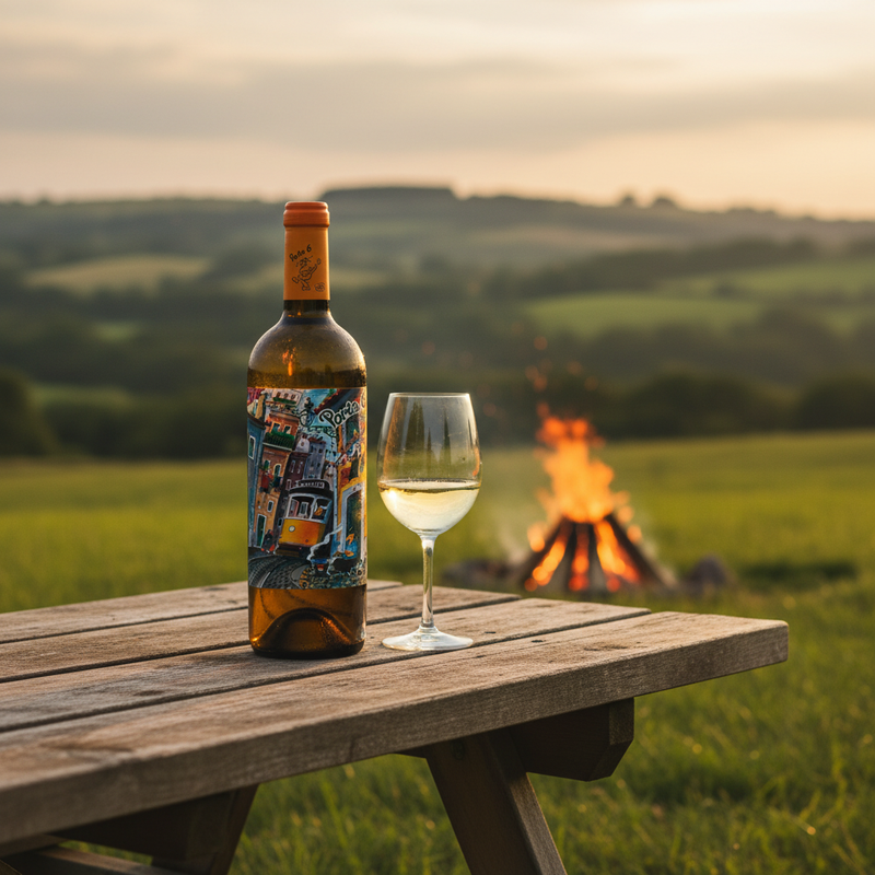 Best wine for camping UK — Porta 6 White PET bottle in outdoor camping setting