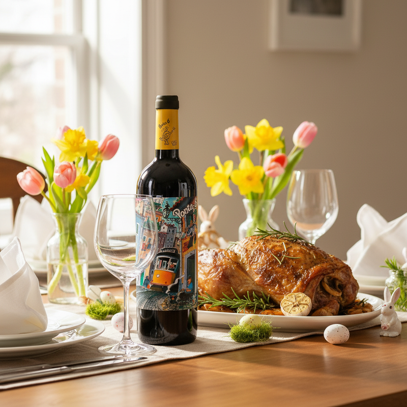 Best wine for Easter UK — Porta 6 Red on an Easter Sunday lunch table with roast lamb, tulips and daffodils