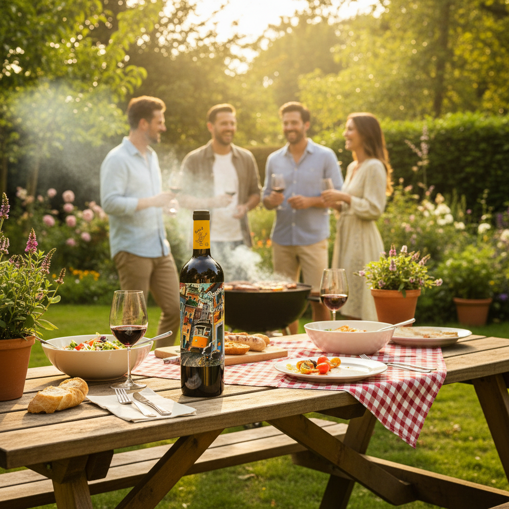 Best wine for BBQ UK - Porta 6 PET bottle in summer garden BBQ setting