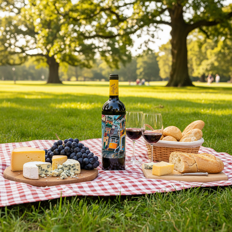 Best wine for picnic UK - Porta 6 Red PET bottle on a sunny British park picnic blanket