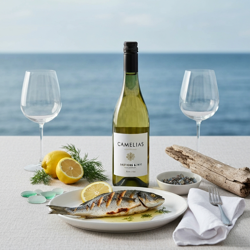 Best wine with fish UK — Camelias Sauvignon Blanc on a coastal fish dinner table