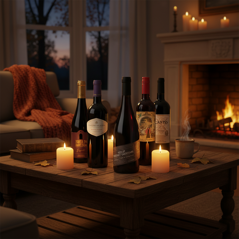 Cheap wine cases UK — BulkyWay red wine bottles in cosy living room setting