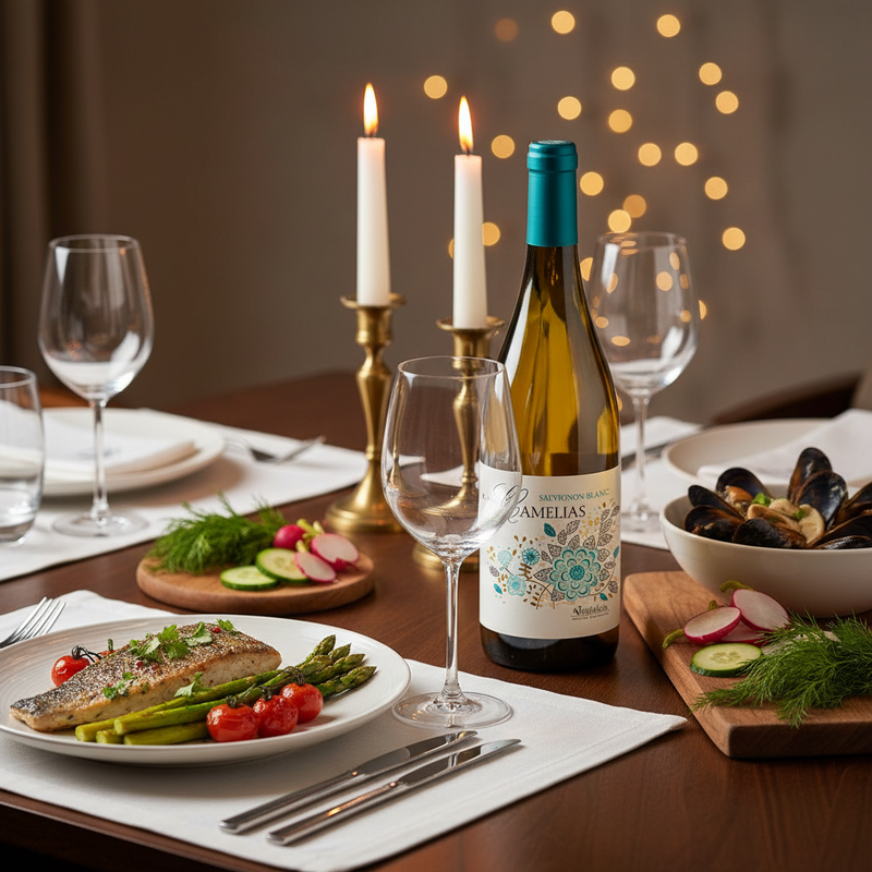Sauvignon blanc food pairing - Camelias Sauvignon Blanc on an elegant dinner table