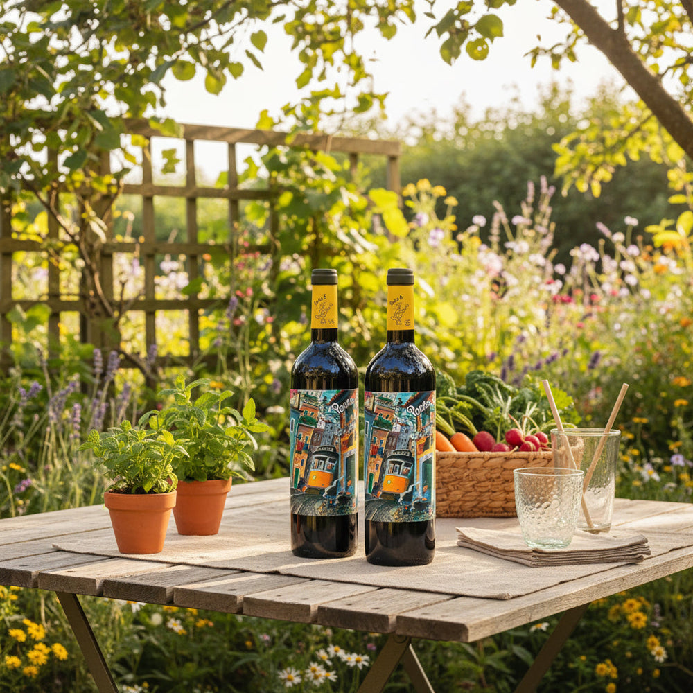Eco-friendly wine UK - Porta 6 PET bottles in garden lifestyle setting