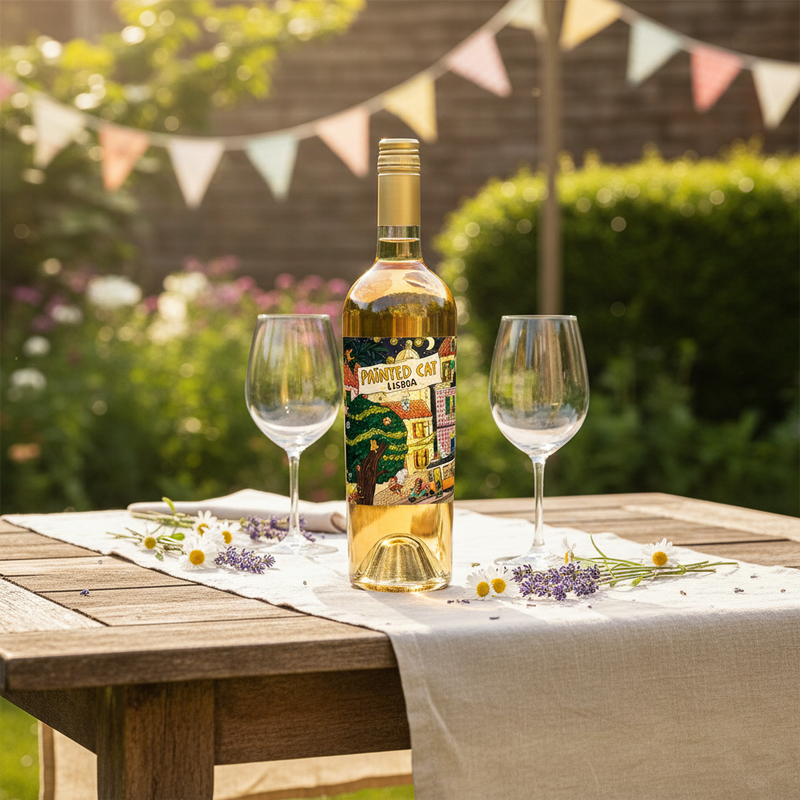 garden party wine UK – Painted Cat White in a sunny English garden setting