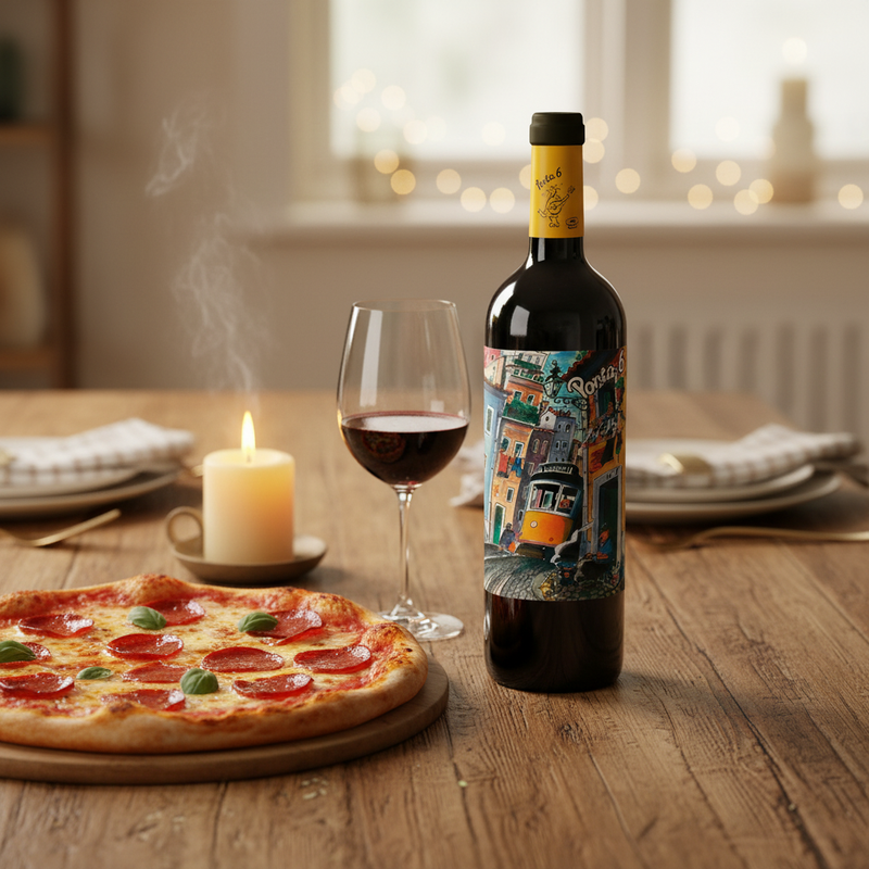 Wine with pizza UK - Porta 6 Red on a rustic dining table with pizza