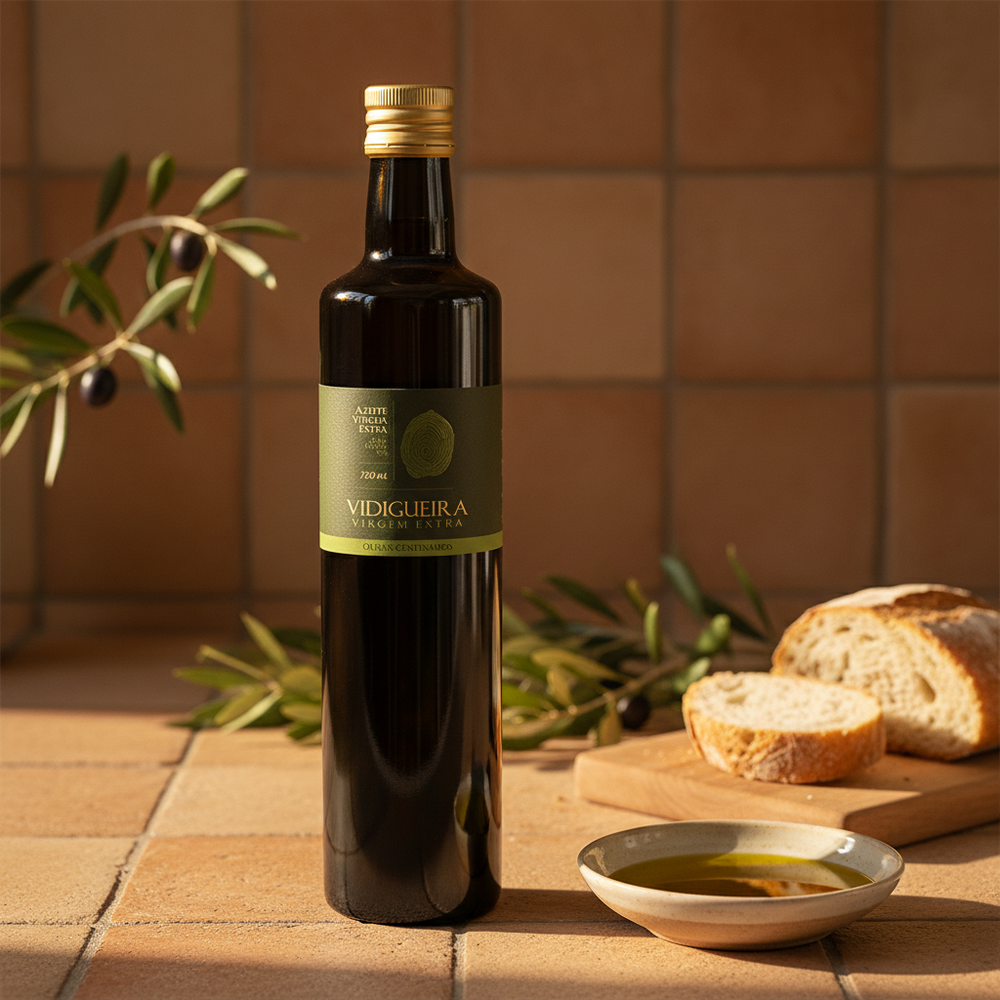 Portuguese extra virgin olive oil bottle in rustic Alentejo kitchen setting