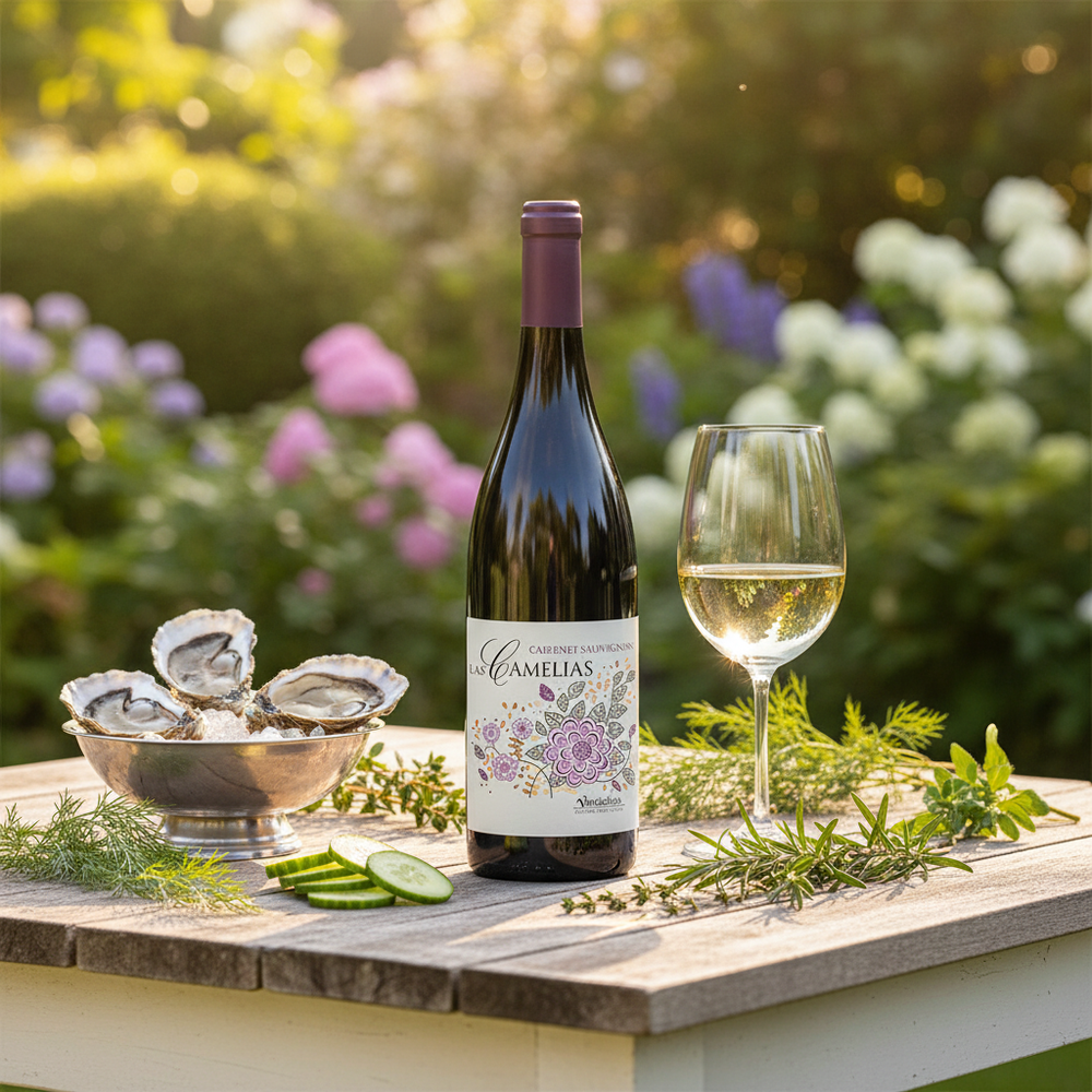 Portuguese Sauvignon Blanc UK — Camelias wine bottle in English garden lifestyle setting