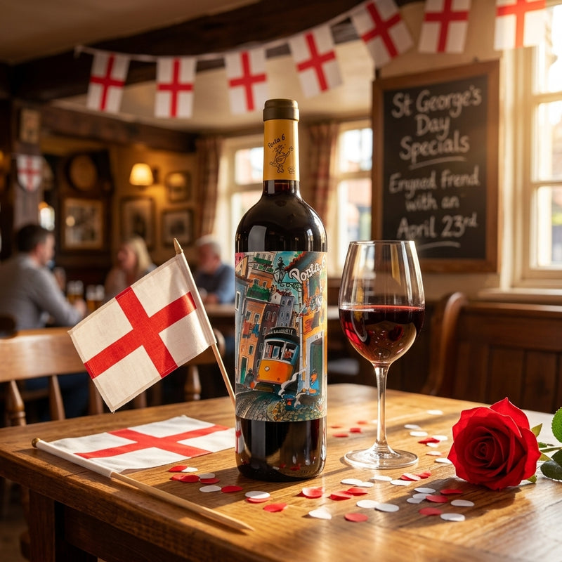 Best wine for St George's Day UK - Porta 6 Red with English celebration scene