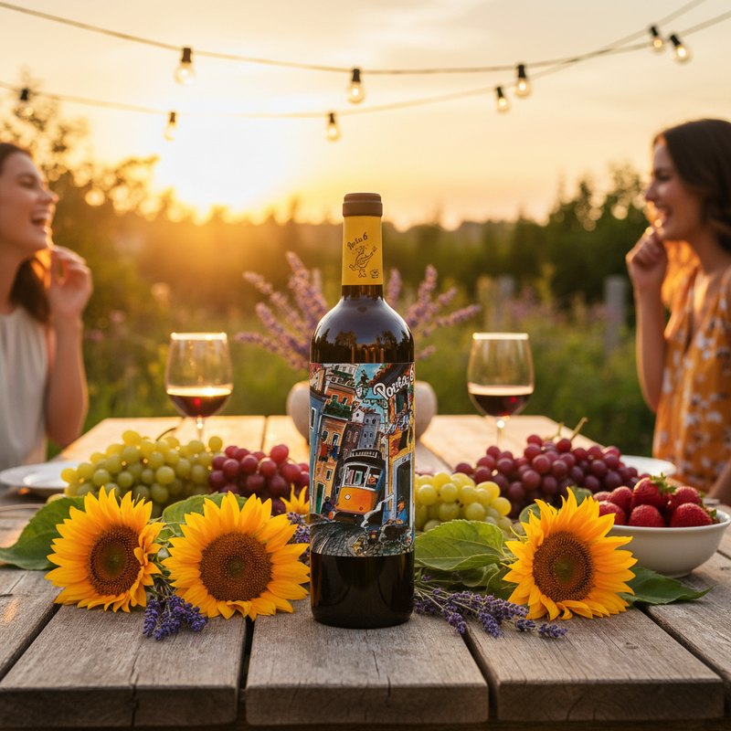 Summer party wine UK — Porta 6 Red PET bottle at a garden party