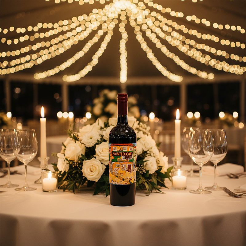 Wedding wine UK — Painted Cat Red Lisboa in elegant marquee reception with fairy lights and white roses