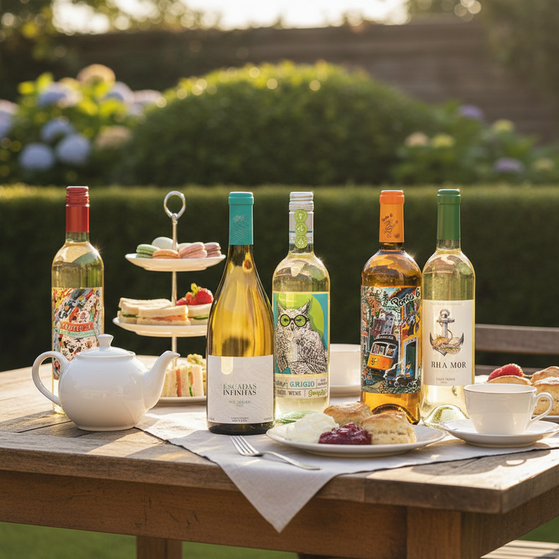 White wine case UK — selection of white wine bottles in a sunlit English garden setting