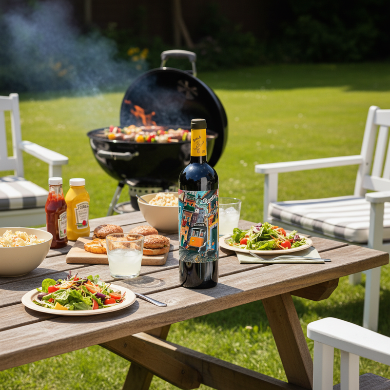 Best wine for BBQ UK - Porta 6 Red PET bottle in sunny garden BBQ setting
