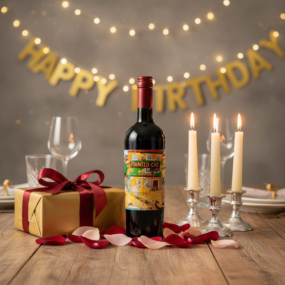 Wine for birthday UK – Painted Cat Red bottle in a birthday celebration scene
