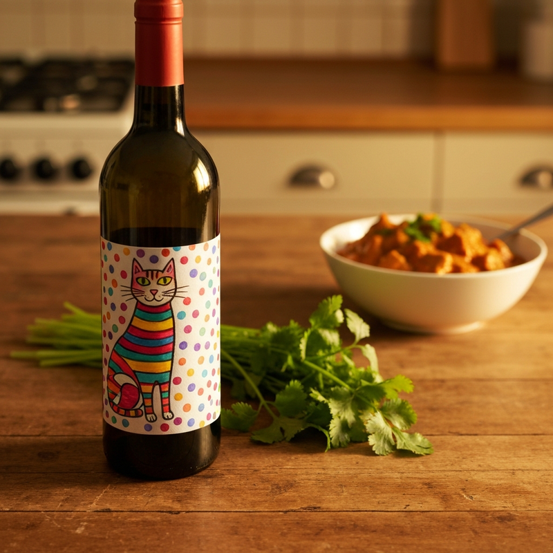 Wine for curry UK — Painted Cat Sauvignon Blanc PET on a curry night table