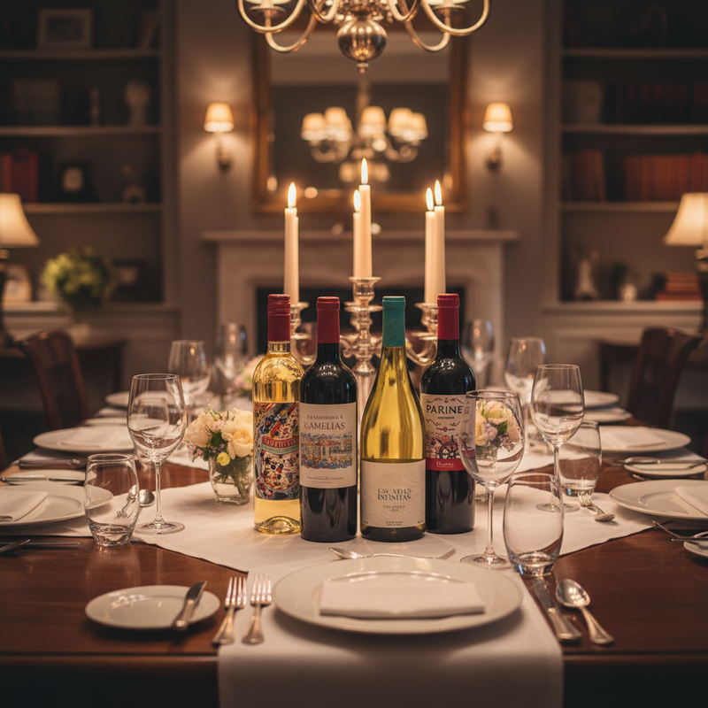 wine for dinner party uk - elegant bottles on a candlelit dinner table