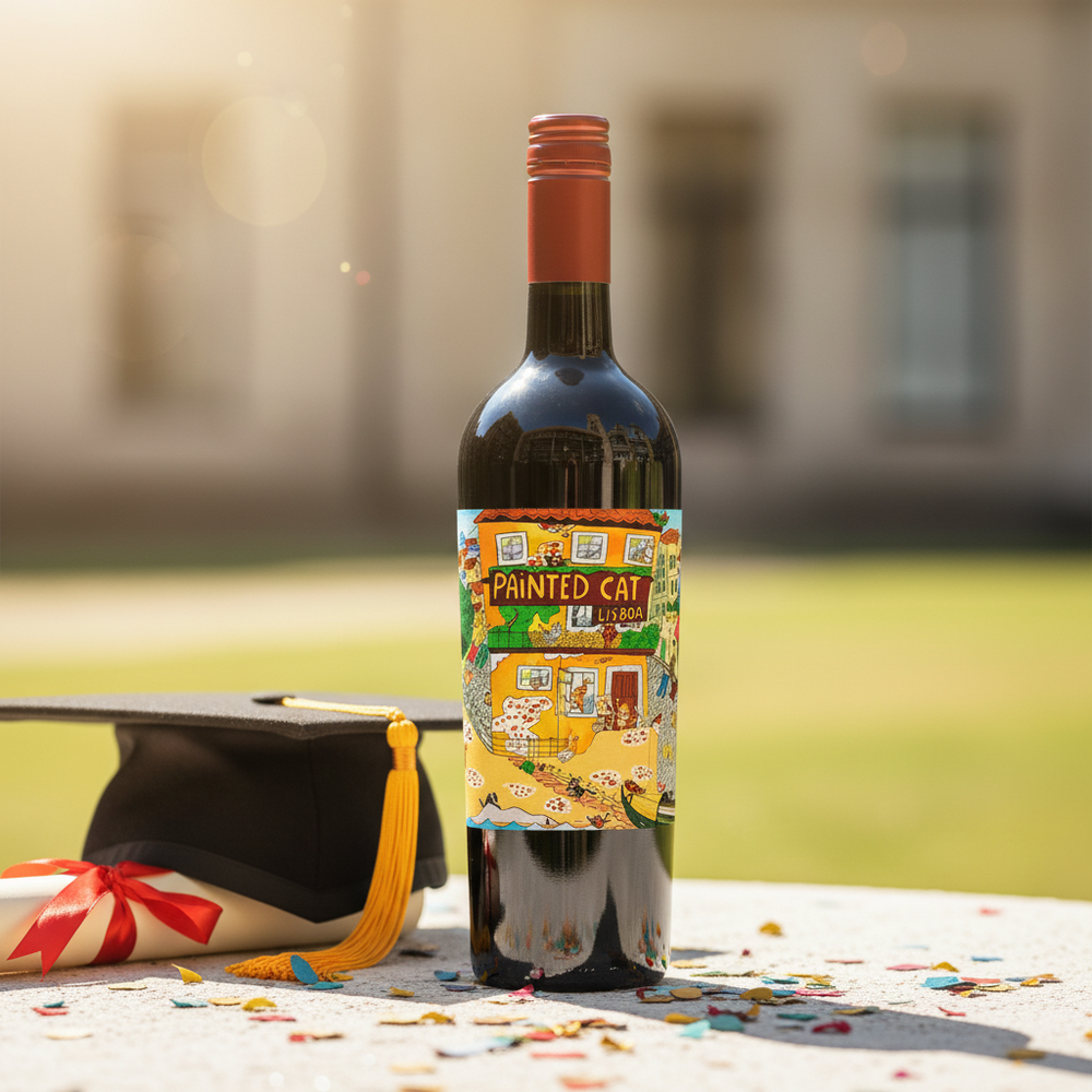 Wine for graduation UK — Painted Cat red wine in a celebratory graduation setting with mortarboard and confetti