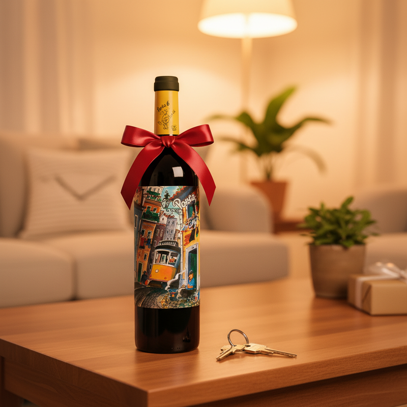 Best wine for a housewarming UK — Porta 6 Red PET in a cosy new home setting