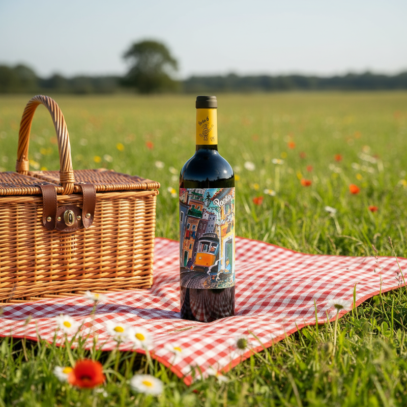 Wine for picnic UK — Porta 6 Red PET bottle at a sunny British summer picnic