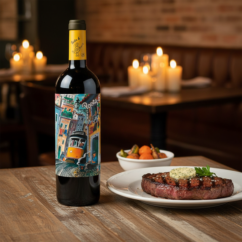 Best wine for steak UK – Porta 6 red wine bottle next to a medium-rare steak