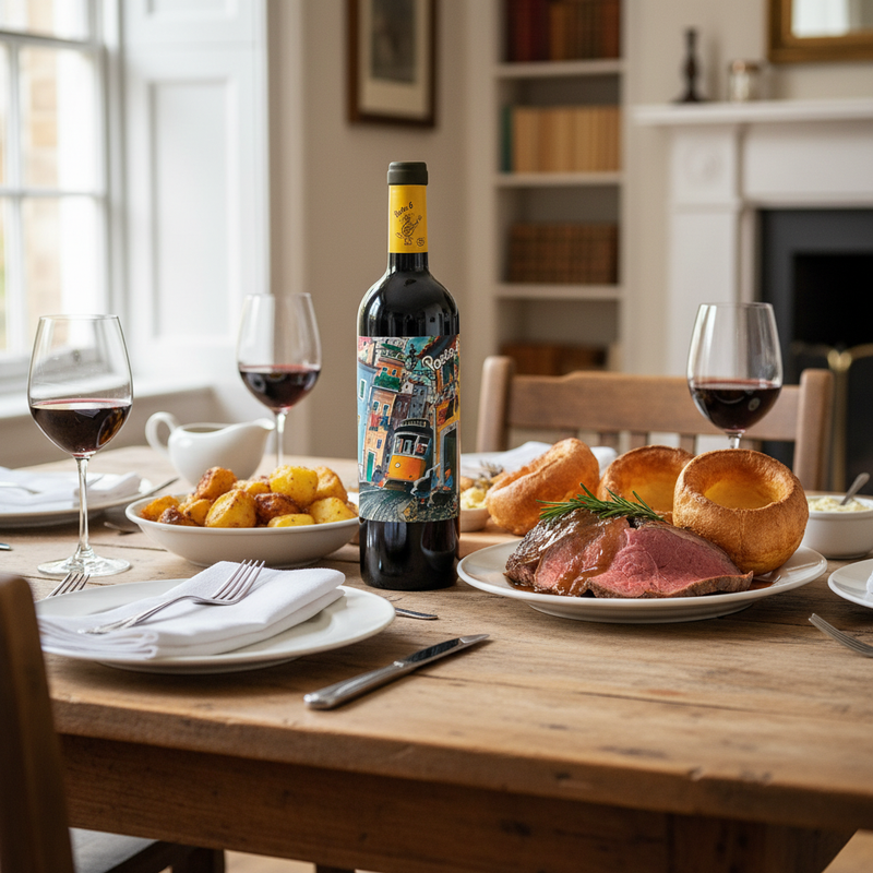Porta 6 red wine bottle on a British Sunday roast table with roast beef, Yorkshire puddings and roast potatoes