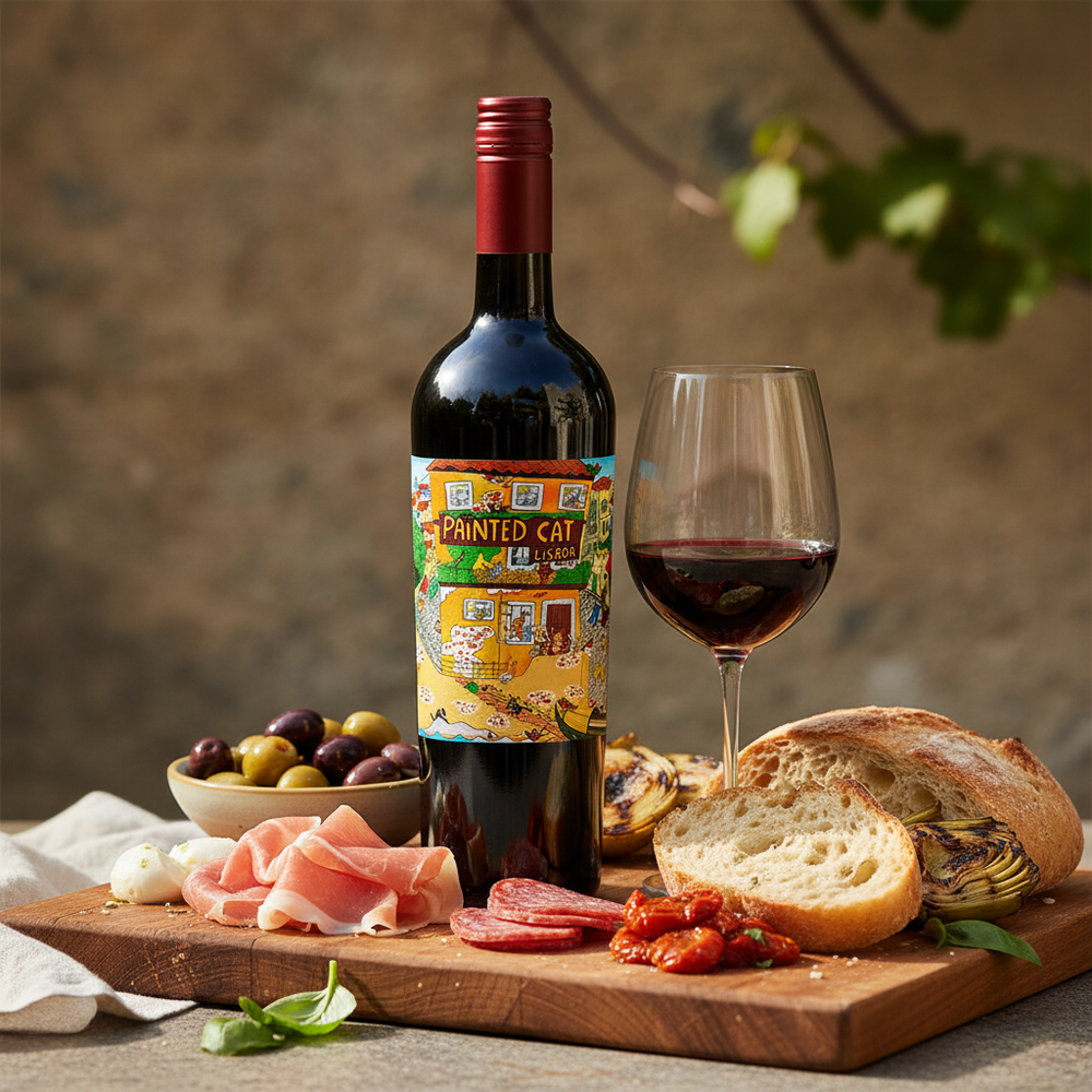 Painted Cat Red wine bottle with Italian antipasti board — wine with antipasti UK