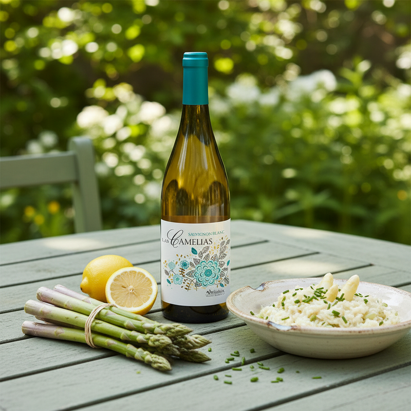 Wine with asparagus UK — Camelias Sauvignon Blanc in spring garden setting
