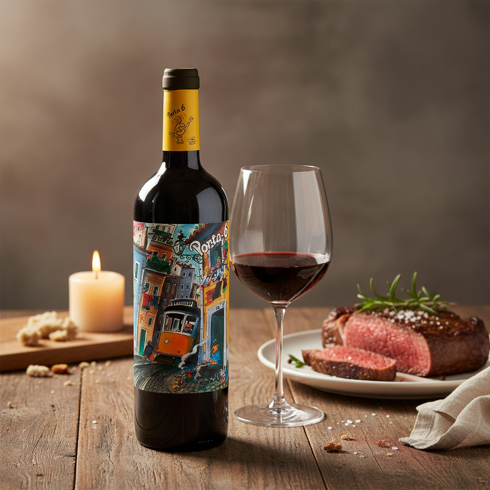 Porta 6 Red wine bottle with beef steak dinner — wine with beef UK