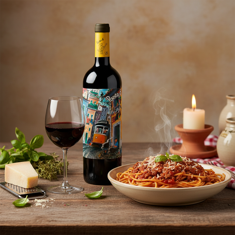 Porta 6 red wine bottle with a bowl of spaghetti bolognese on a rustic Italian table