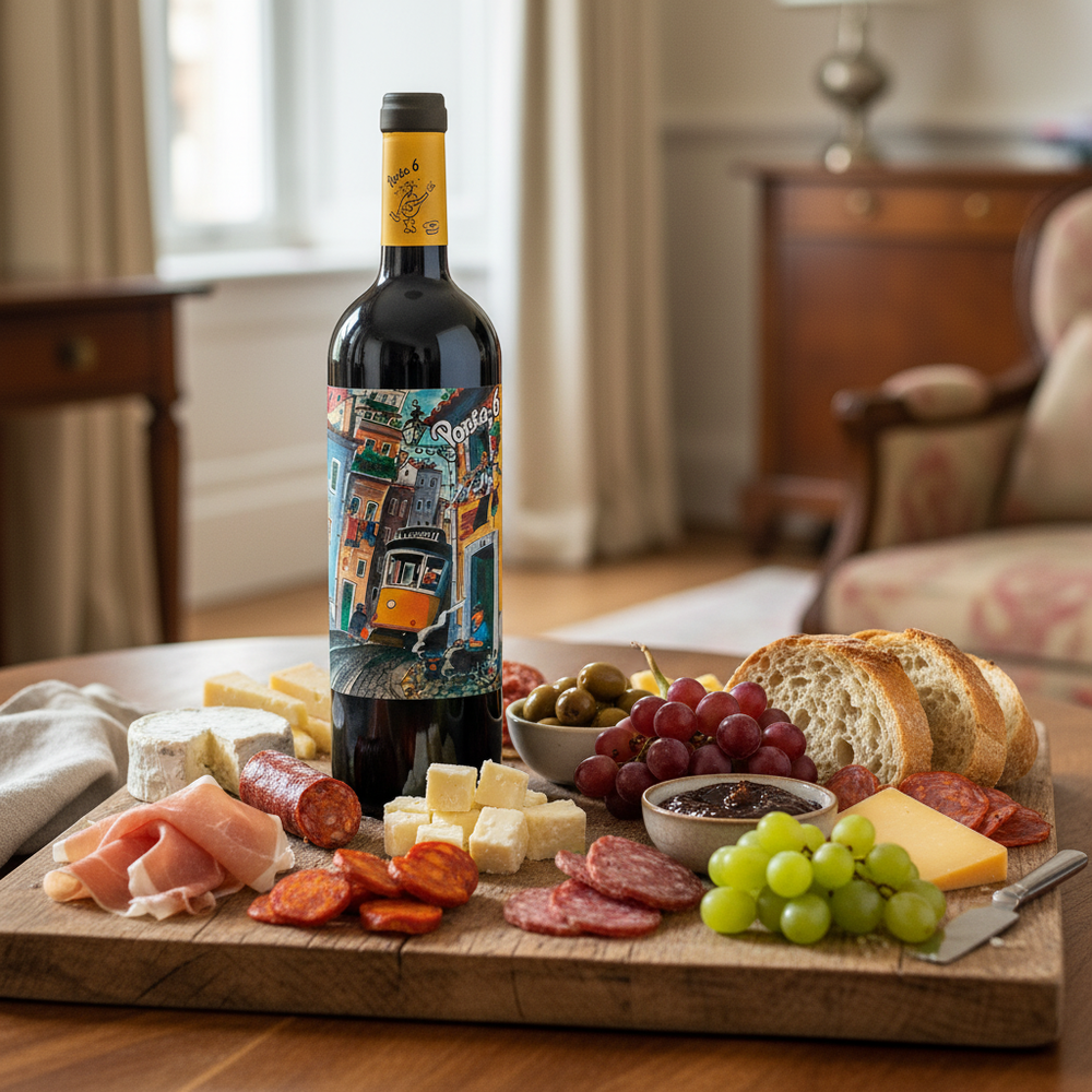 Porta 6 Red wine bottle on a charcuterie board with cured meats and cheese