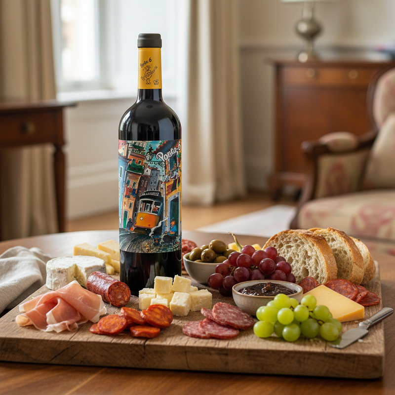 Porta 6 Red wine bottle on a charcuterie board with cured meats and cheese