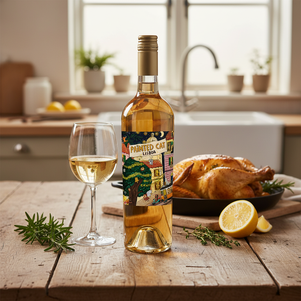 Best wine with chicken UK — Painted Cat White with roast chicken on rustic table