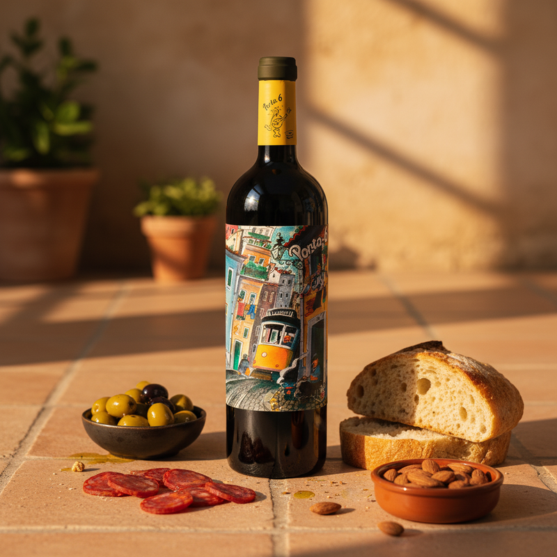 Wine with chorizo UK — Porta 6 Red PET with Iberian tapas spread