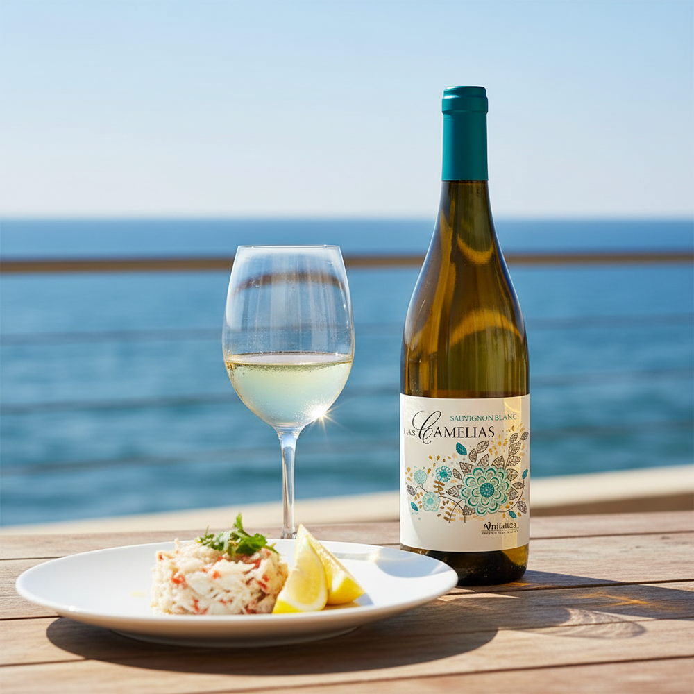Wine with crab UK — Camelias Sauvignon Blanc with fresh dressed crab on a coastal terrace