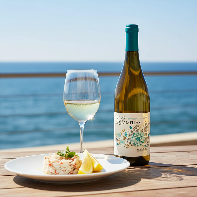 Wine with crab UK — Camelias Sauvignon Blanc with fresh dressed crab on a coastal terrace