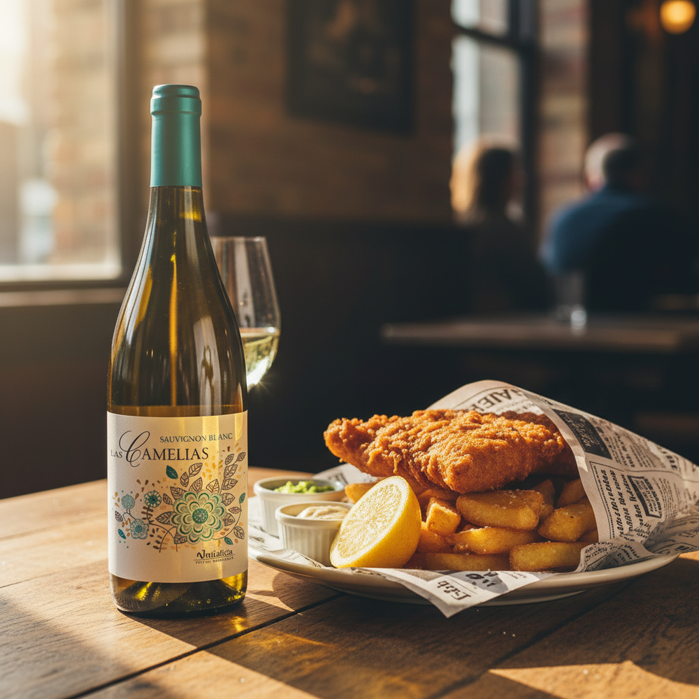 wine with fish and chips uk - Camelias Sauvignon Blanc with classic British fish and chips