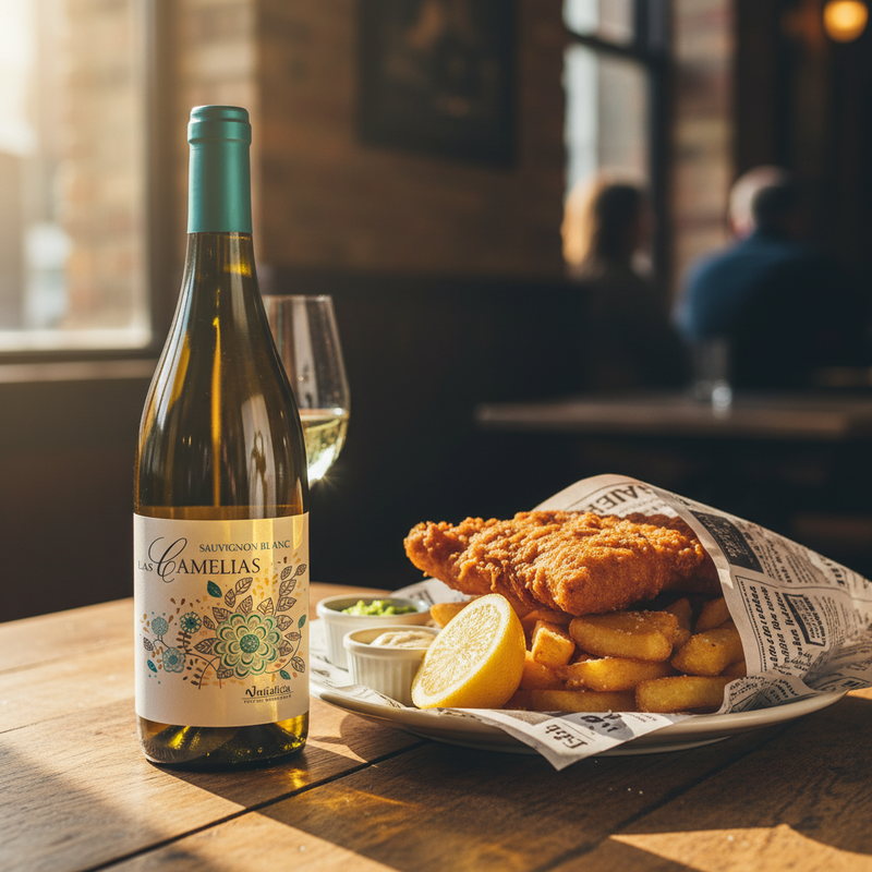 wine with fish and chips uk - Camelias Sauvignon Blanc with classic British fish and chips