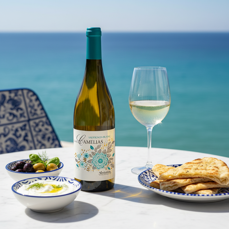 Wine with Greek food UK — Camelias Sauvignon Blanc on a Greek taverna table