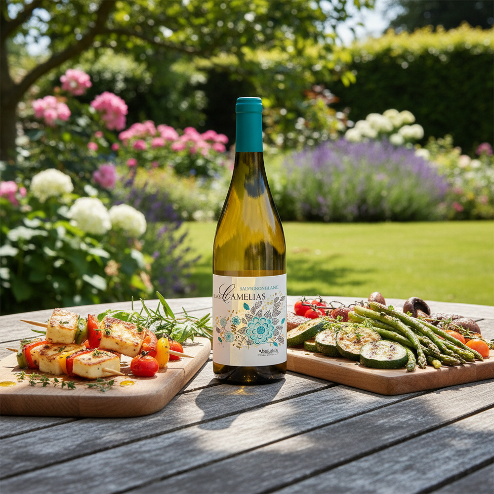 Wine with halloumi UK — Camelias Sauvignon Blanc in a garden BBQ setting