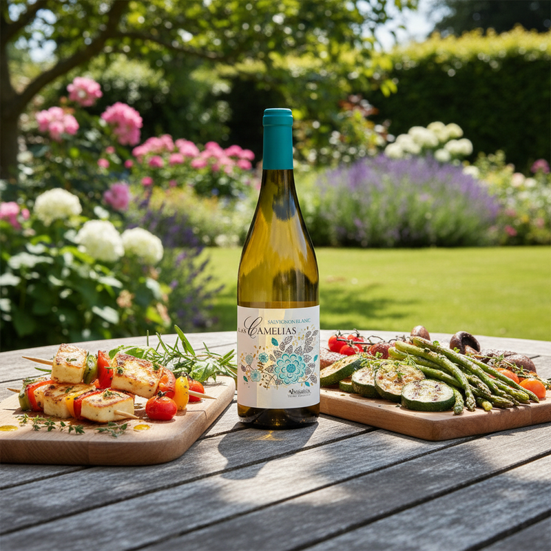 Wine with halloumi UK — Camelias Sauvignon Blanc in a garden BBQ setting