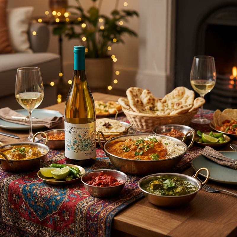 Wine with Indian food UK — Camelias Sauvignon Blanc with an Indian feast