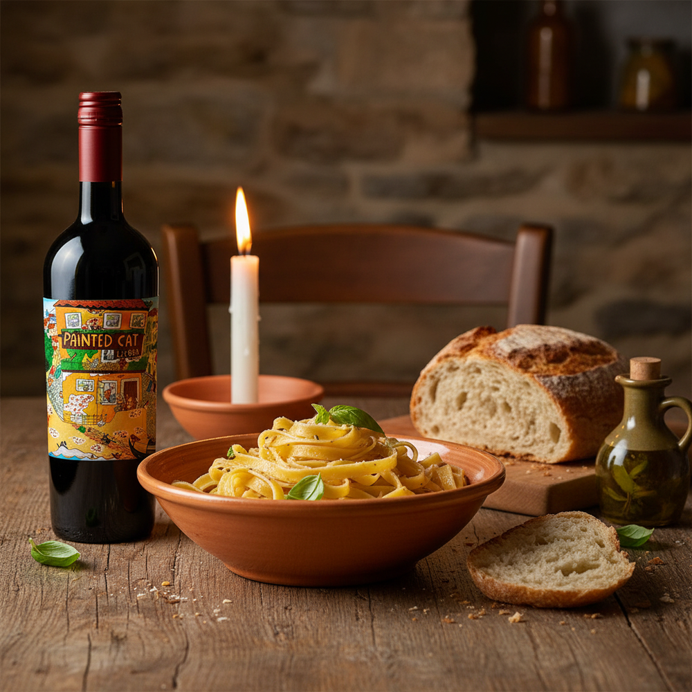 Wine with Italian food UK — Painted Cat Red beside rustic Italian pasta dinner