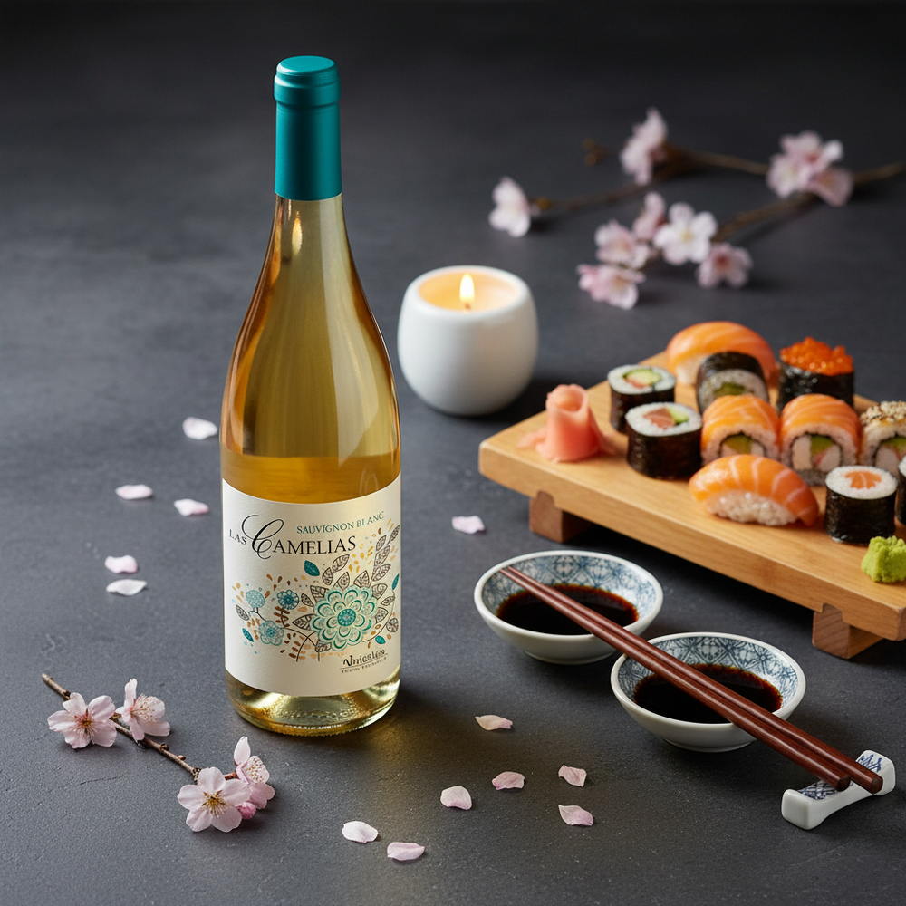 Wine with Japanese food UK - Camelias Sauvignon Blanc with sushi and chopsticks
