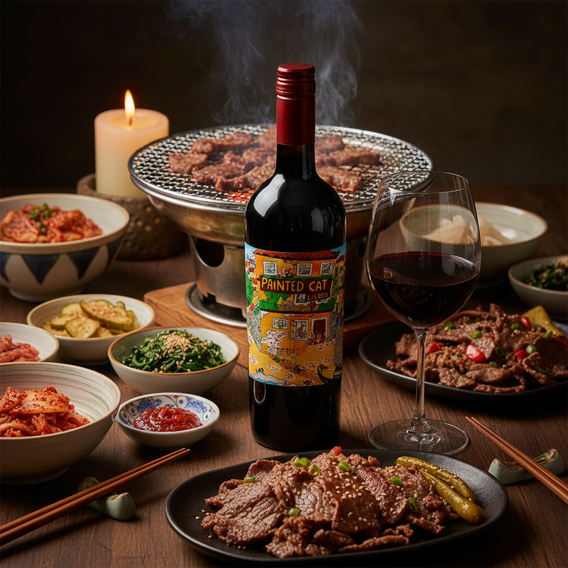 Wine with Korean food UK — Painted Cat Red beside a Korean BBQ grill with banchan